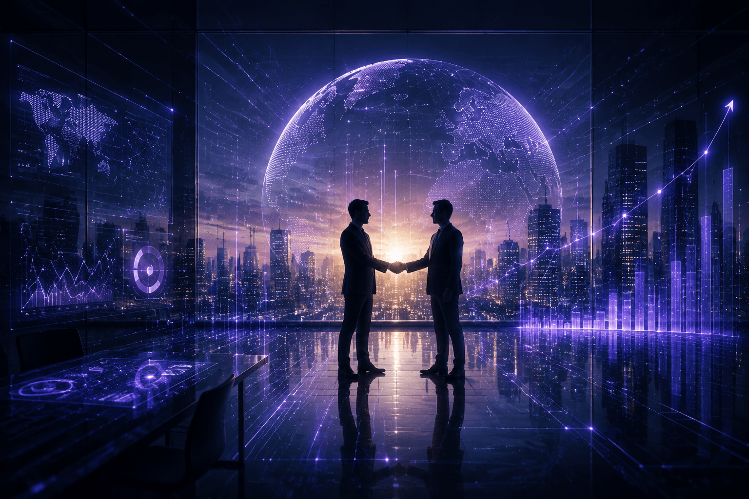 Two people meeting in front of a connected global market view