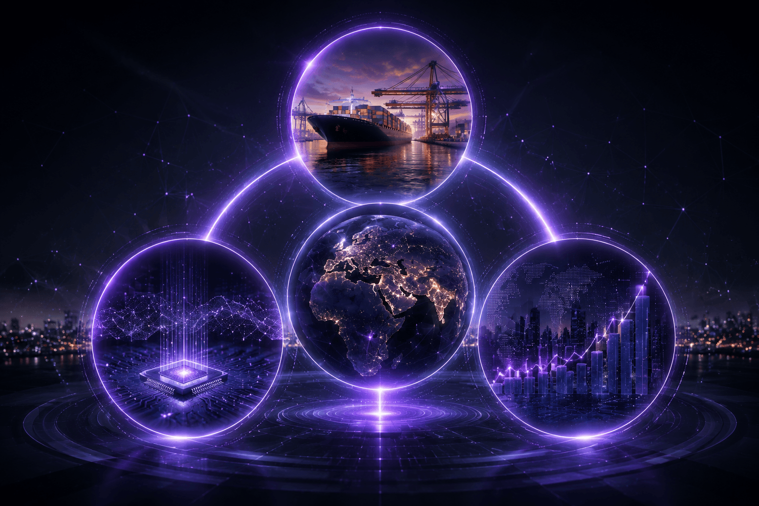 Three linked capability rings — global trade, technology systems and market growth — around a central globe