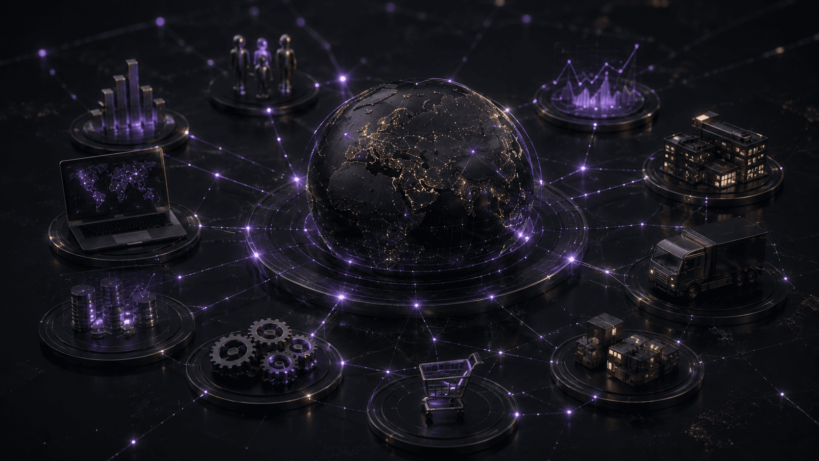 A connected business ecosystem — a central globe linked to analytics, storage, machinery, retail, logistics and infrastructure nodes