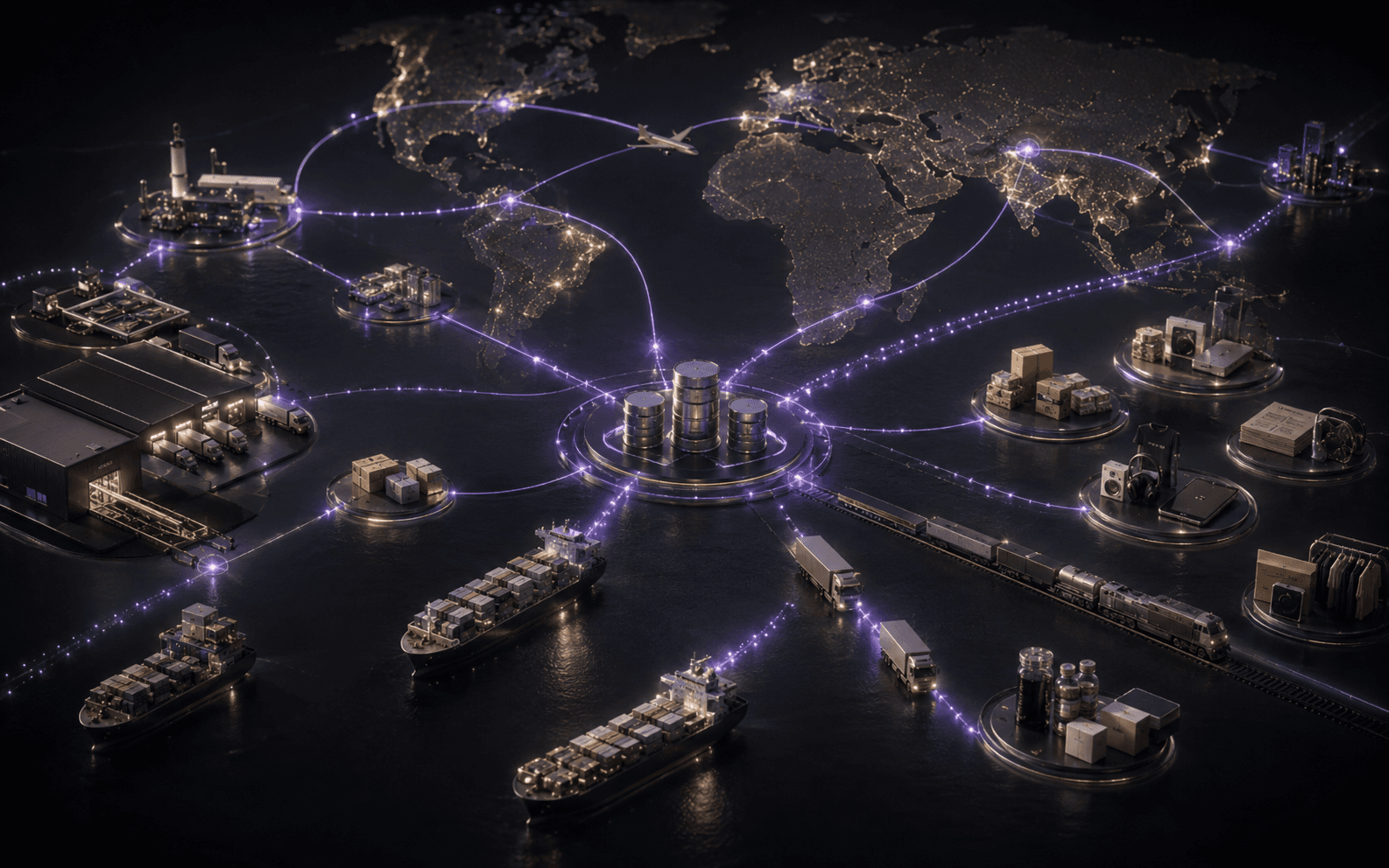 Goods distributed from a central trading hub across international shipping and freight routes