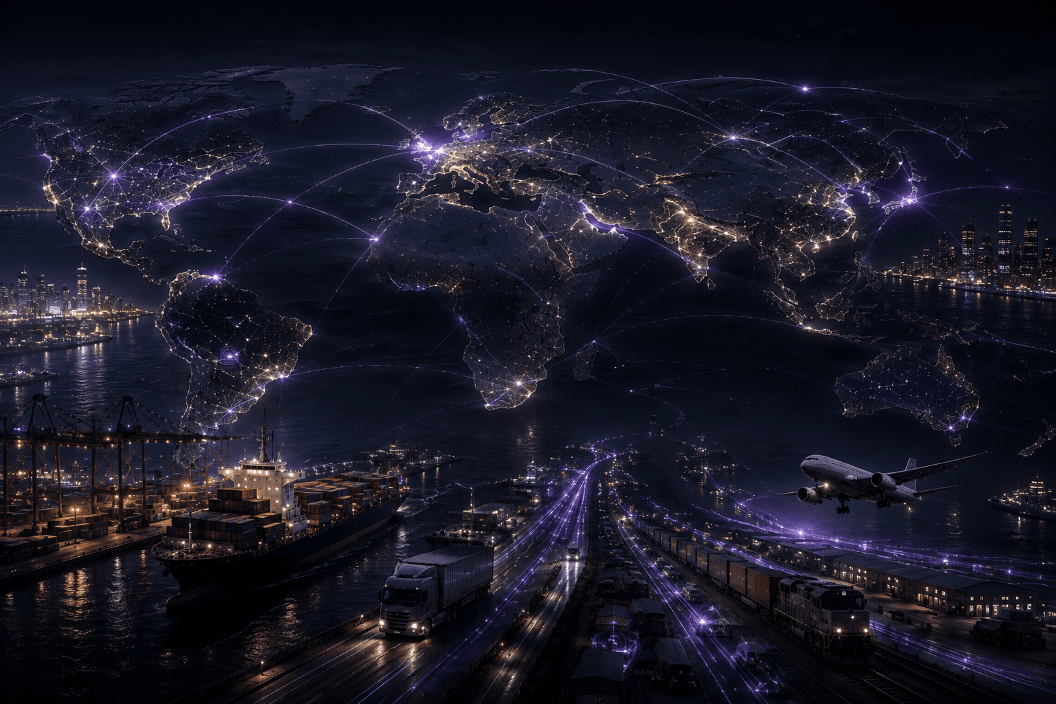 International trade routes connecting ports, road, rail and air freight