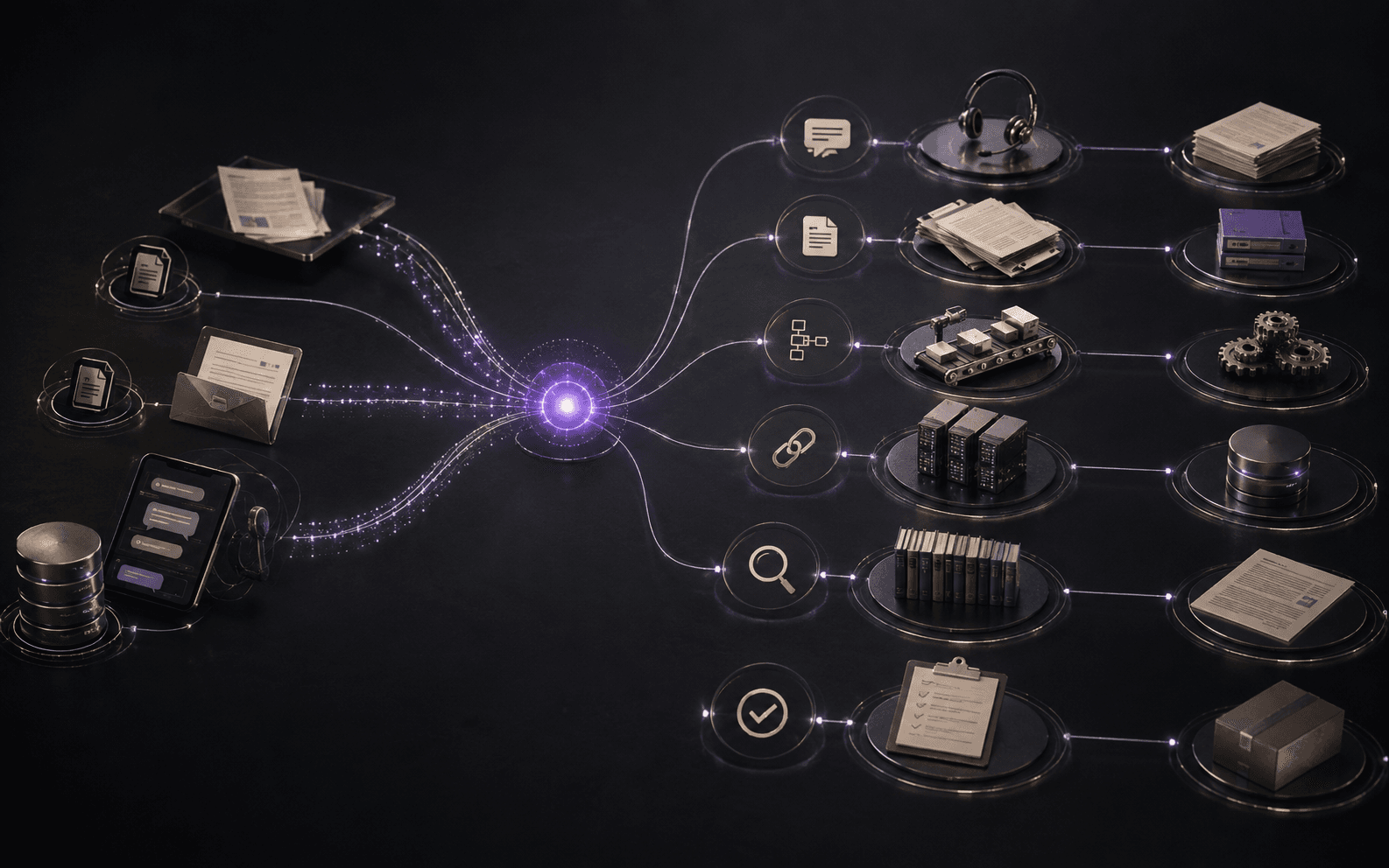 Connected systems branching from a central node to support, documents and workflow capabilities