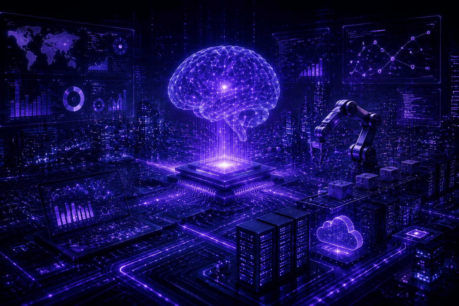 A processing core linked to dashboards, servers and automated handling equipment