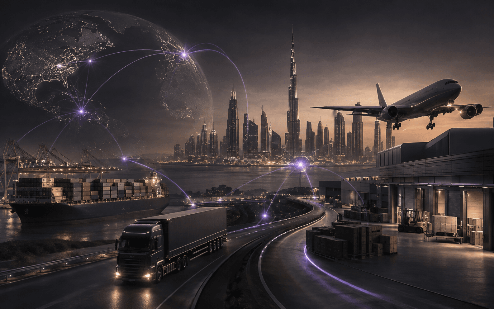 Dubai skyline, port and cargo truck connected by a global trade network at dusk